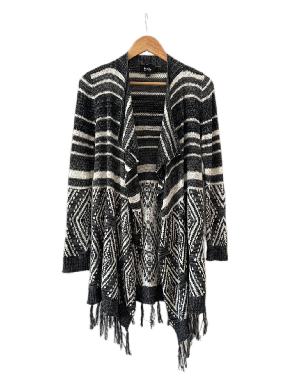 Black, Gray & White Fringe Open-Front Long Sweater Cardigan - S
